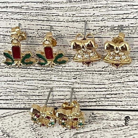 VTG Season’s Greetings 3 Gold Tone Enamel Pierced Earrings-Candle-Wreath-Bells - Picture 5 of 7